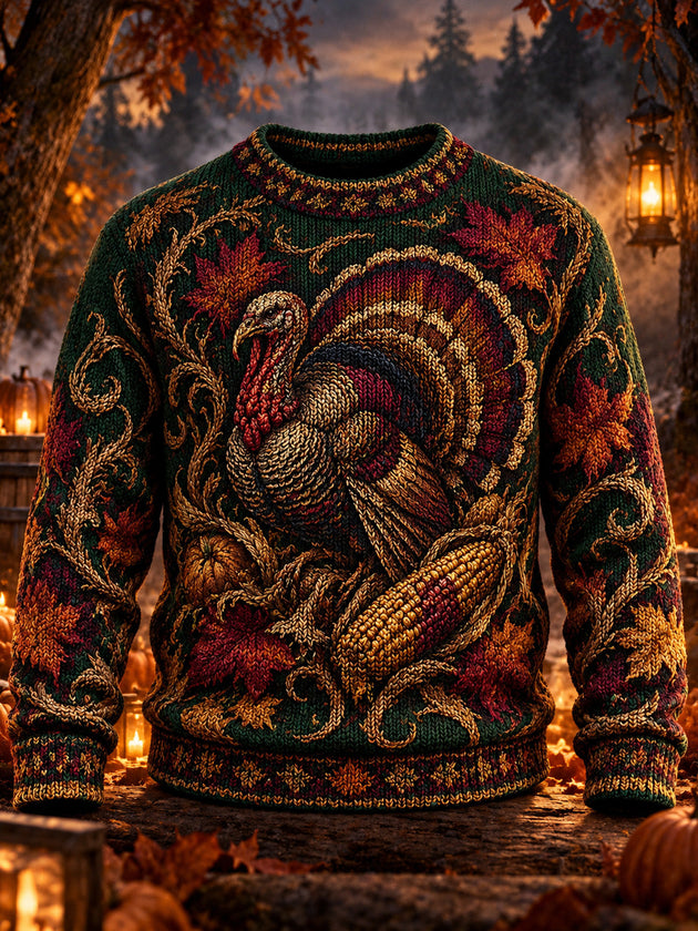 Adaychic Men's Long Sleeve Crew Neck Sweater - Thanksgiving Turkey And Harvest Produce Print