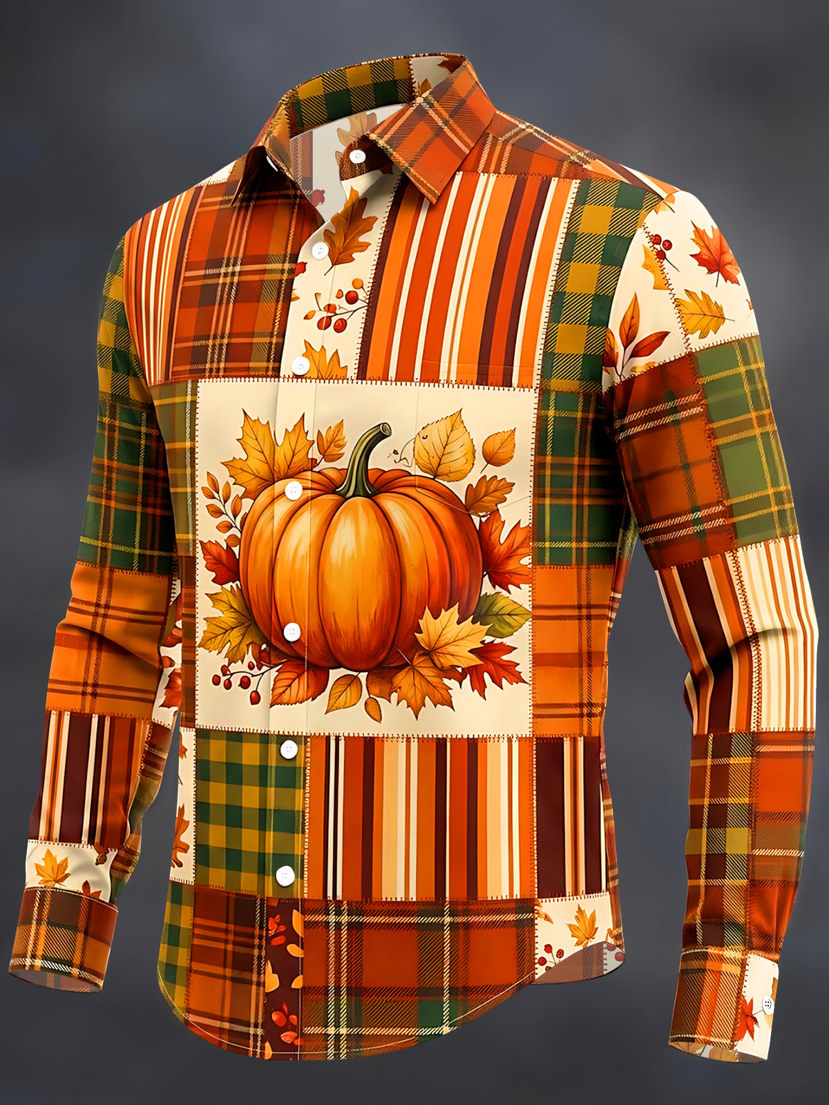 Adaychic Men's Autumn Pumpkin And Autumn Leaves Print Long Sleeve Shirt with Chest Pocket