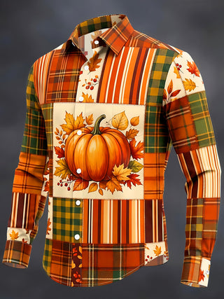 Adaychic Men's Autumn Pumpkin And Autumn Leaves Print Long Sleeve Shirt with Chest Pocket