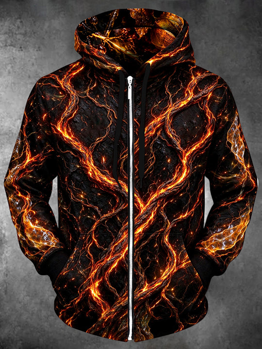 Adaychic Men's Lava Flow And Cracked Rock Print Long Sleeve Zip-Up Hoodie with Kangaroo Pocket