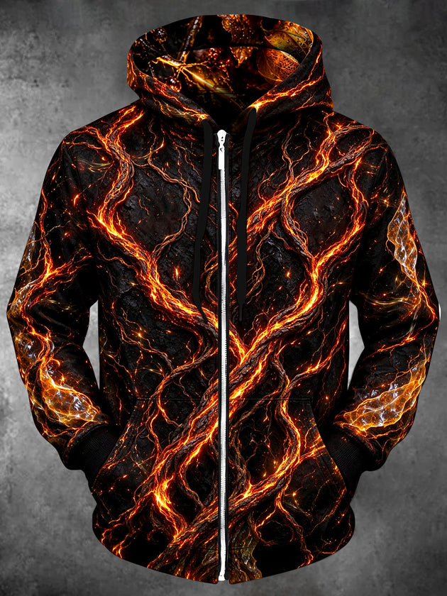 Adaychic Men's Lava Flow And Cracked Rock Print Long Sleeve Zip-Up Hoodie with Kangaroo Pocket