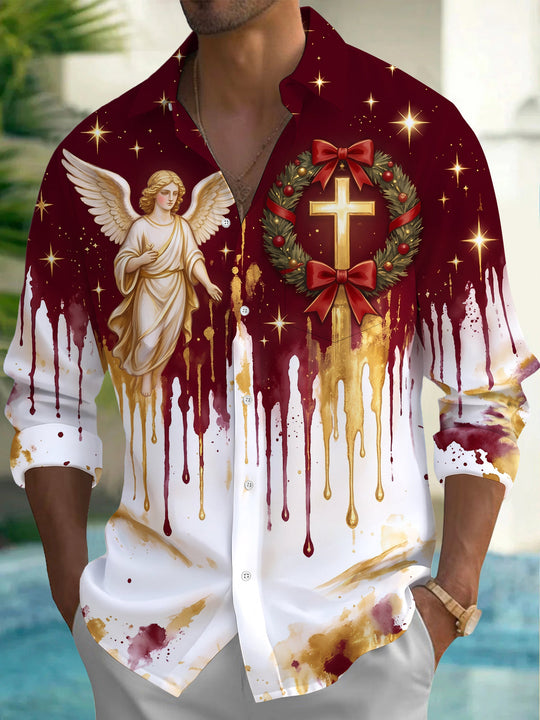 Adaychic Men's Angel And Christmas Wreath With Cross Print Long Sleeve Shirt with Chest Pocket