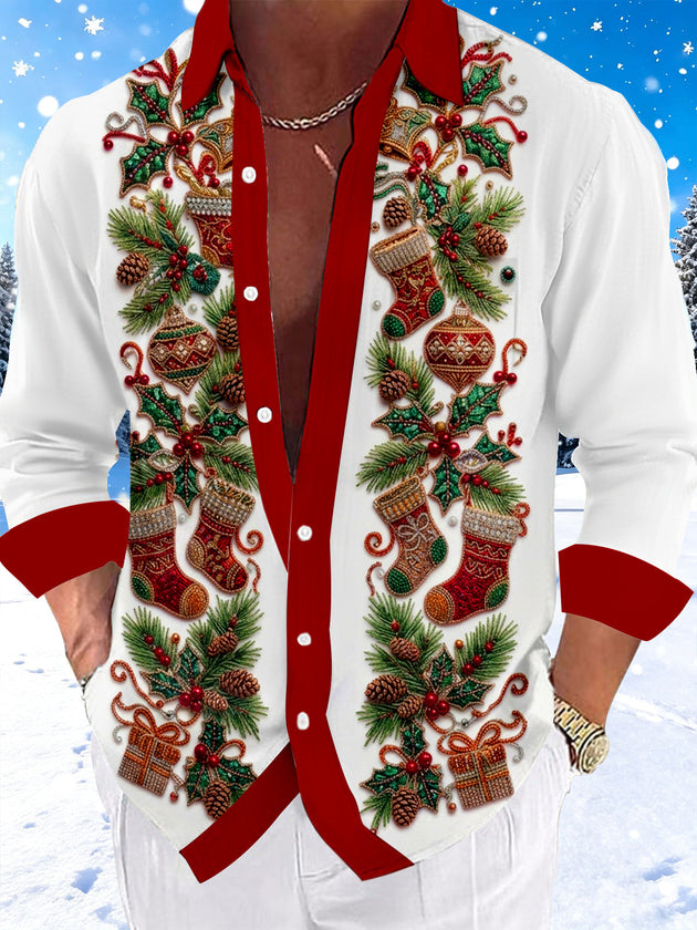 Adaychic Men's Christmas Stockings And Ornaments Print Long Sleeve Shirt with Chest Pocket
