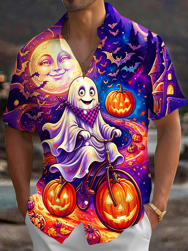 Adaychic Men's Short Sleeve Shirt - Halloween Ghost Riding Bicycle With Pumpkins Print with Chest Pocket