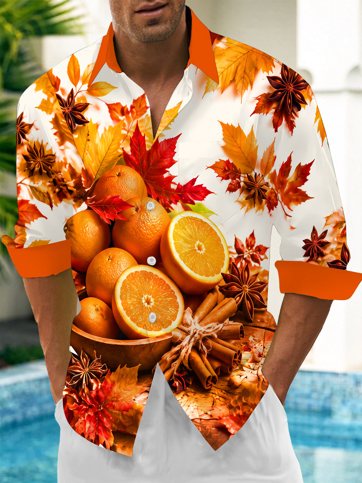 Adaychic Men's Printed Autumn Maple Leaves And Oranges Print Long Sleeve Shirt with Chest Pocket