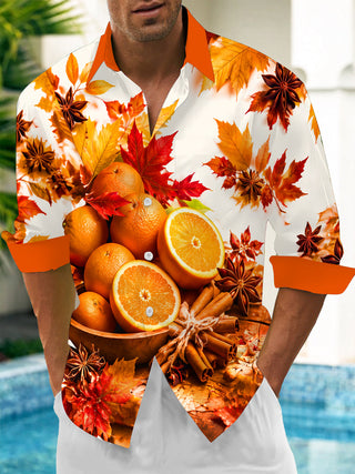 Adaychic Men's Printed Autumn Maple Leaves And Oranges Print Long Sleeve Shirt with Chest Pocket