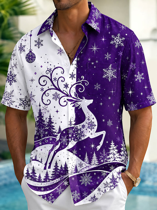 Adaychic Men's Printed Christmas Deer And Snowflakes Print Short Sleeve Shirt with Chest Pocket