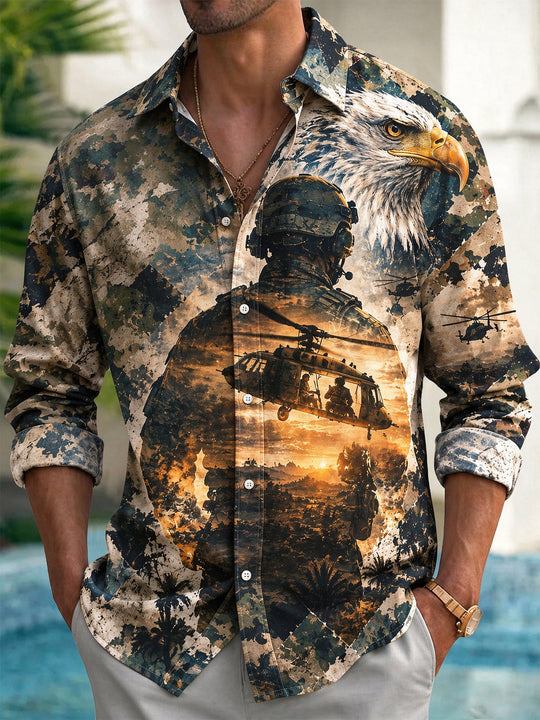 Adaychic Men's Long Sleeve Shirt - Military Soldier And Eagle With Helicopters Print with Chest Pocket
