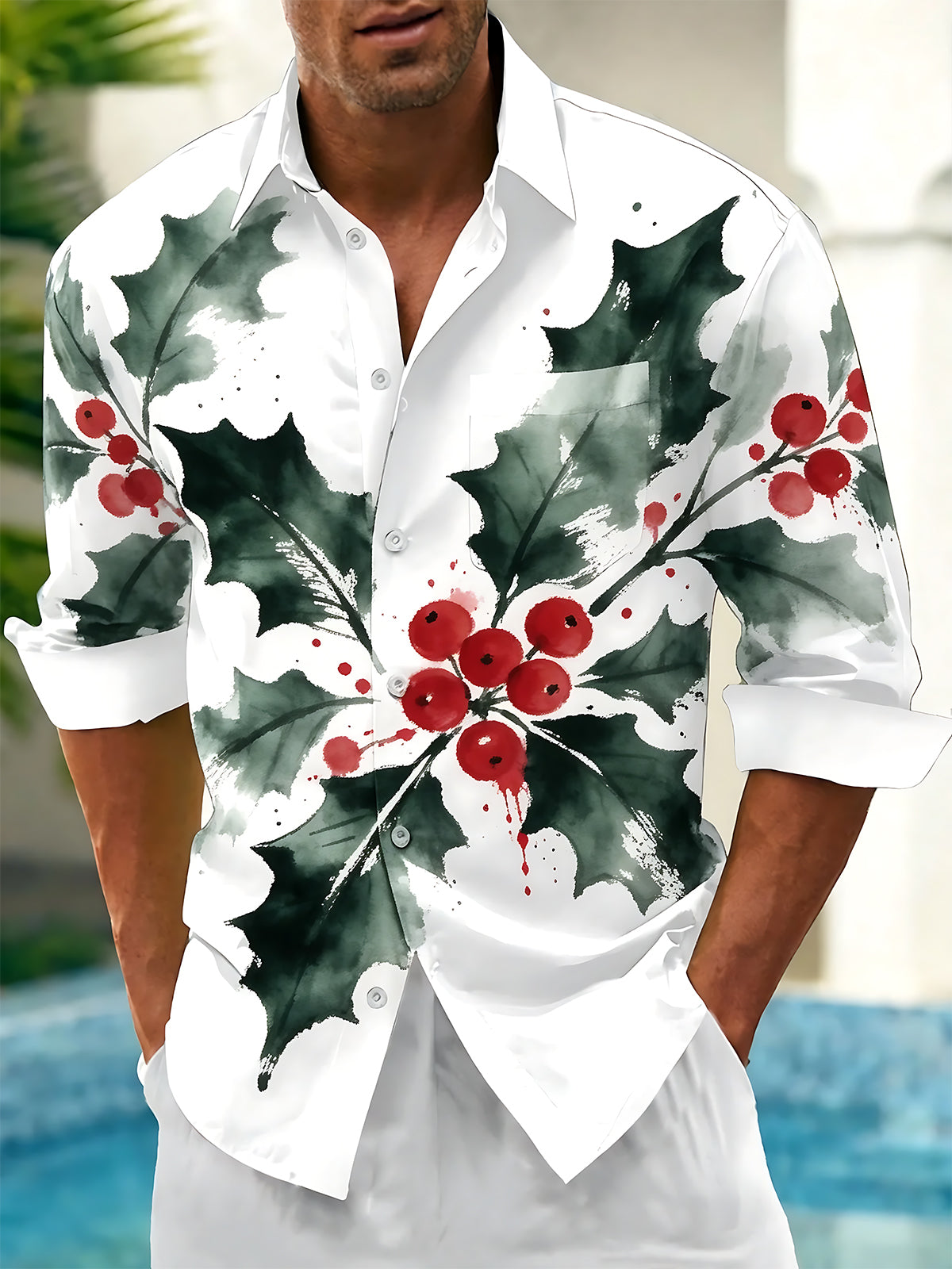 Adaychic Men's Christmas Holly Leaves And Red Berries Print Long Sleeve Shirt with Chest Pocket