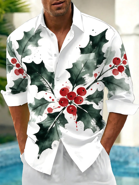 Adaychic Men's Christmas Holly Leaves And Red Berries Print Long Sleeve Shirt with Chest Pocket