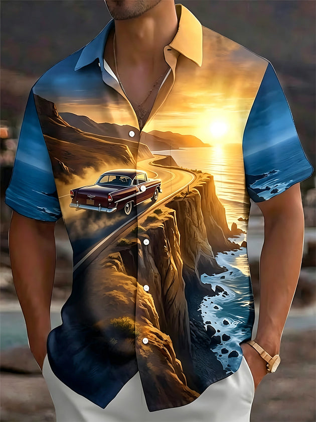 Adaychic Men's Vintage Car On Coastal Road Print Short Sleeve Shirt with Chest Pocket