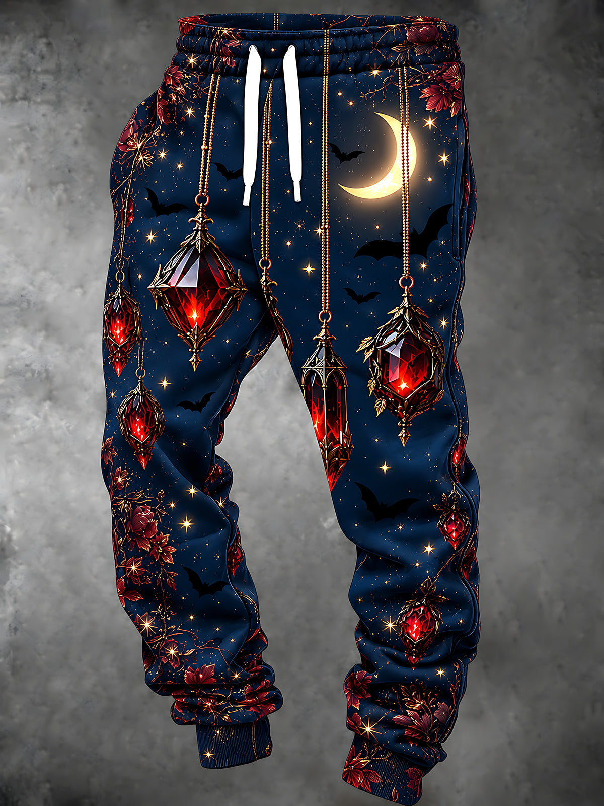 Adaychic Men's Graphic Hanging Ruby Pendants And Bats Print Pants