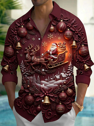 Adaychic Men's 3D Christmas Ornaments Print Long Sleeve Shirt with Chest Pocket