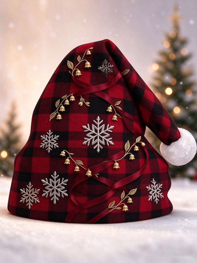 Adaychic Men's Christmas Plaid Pattern With Snowflakes And Golden Bells Hat