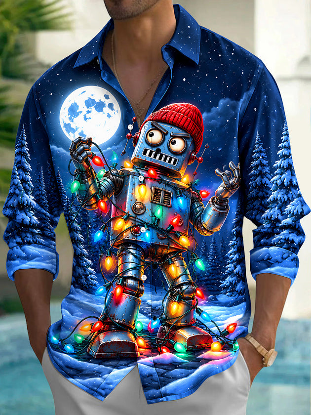 Adaychic Men's Long Sleeve Shirt - Robot With Christmas Lights And Winter Scene Print with Chest Pocket