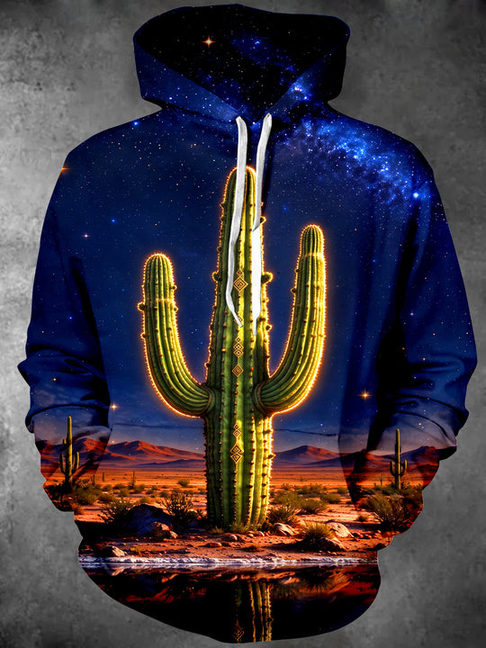 Adaychic Men's Saguaro Cactus And Starry Night Sky Print Long Sleeve Hoodie
