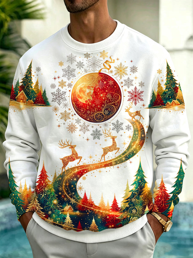 Adaychic Men's Long Sleeve Hoodie - Reindeer And Christmas Forest With Snowflakes Print