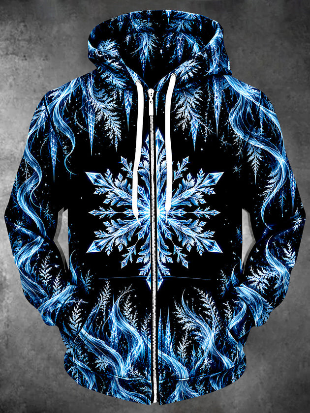 Adaychic Men's Blue Snowflakes And Ice Crystals Print Long Sleeve Zip-Up Hoodie