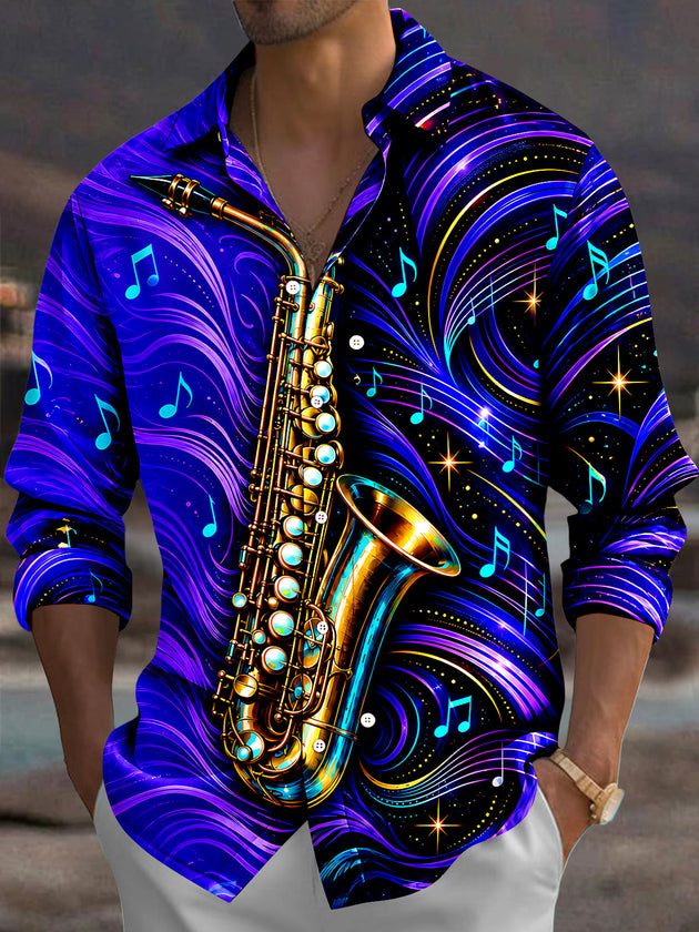 Adaychic Men's Graphic Saxophone And Musical Notes Print Long Sleeve Shirt with Chest Pocket