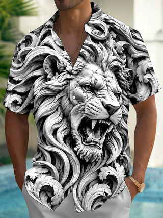 Adaychic Men's Graphic 3D Carved Lion Head Print Short Sleeve Shirt with Chest Pocket