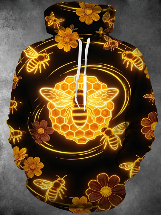 Adaychic Men's Glowing Bees And Honeycomb With Flowers Print Long Sleeve Hoodie