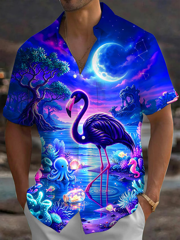 Adaychic Men's Short Sleeve Shirt - Purple Flamingo And Underwater Fantasy Scene Print with Chest Pocket