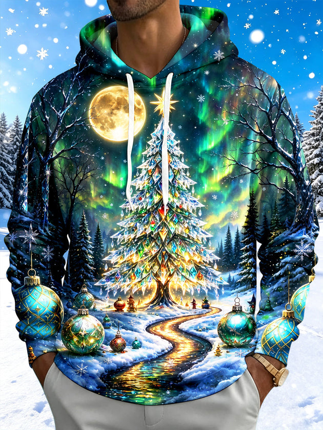 Adaychic Men's Graphic Christmas Tree And Ornaments Print Long Sleeve Hoodie
