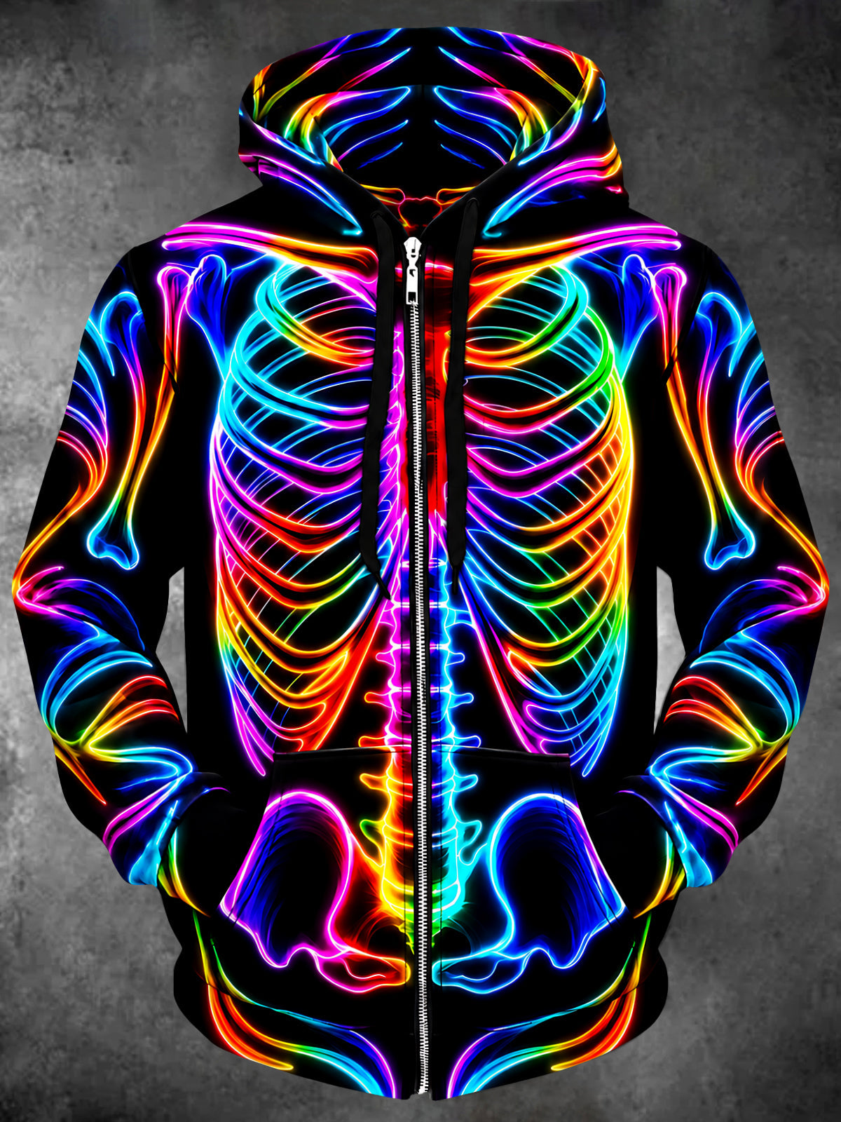 Adaychic Men's Graphic Neon Rainbow Skeleton Print Long Sleeve Zip-Up Hoodie