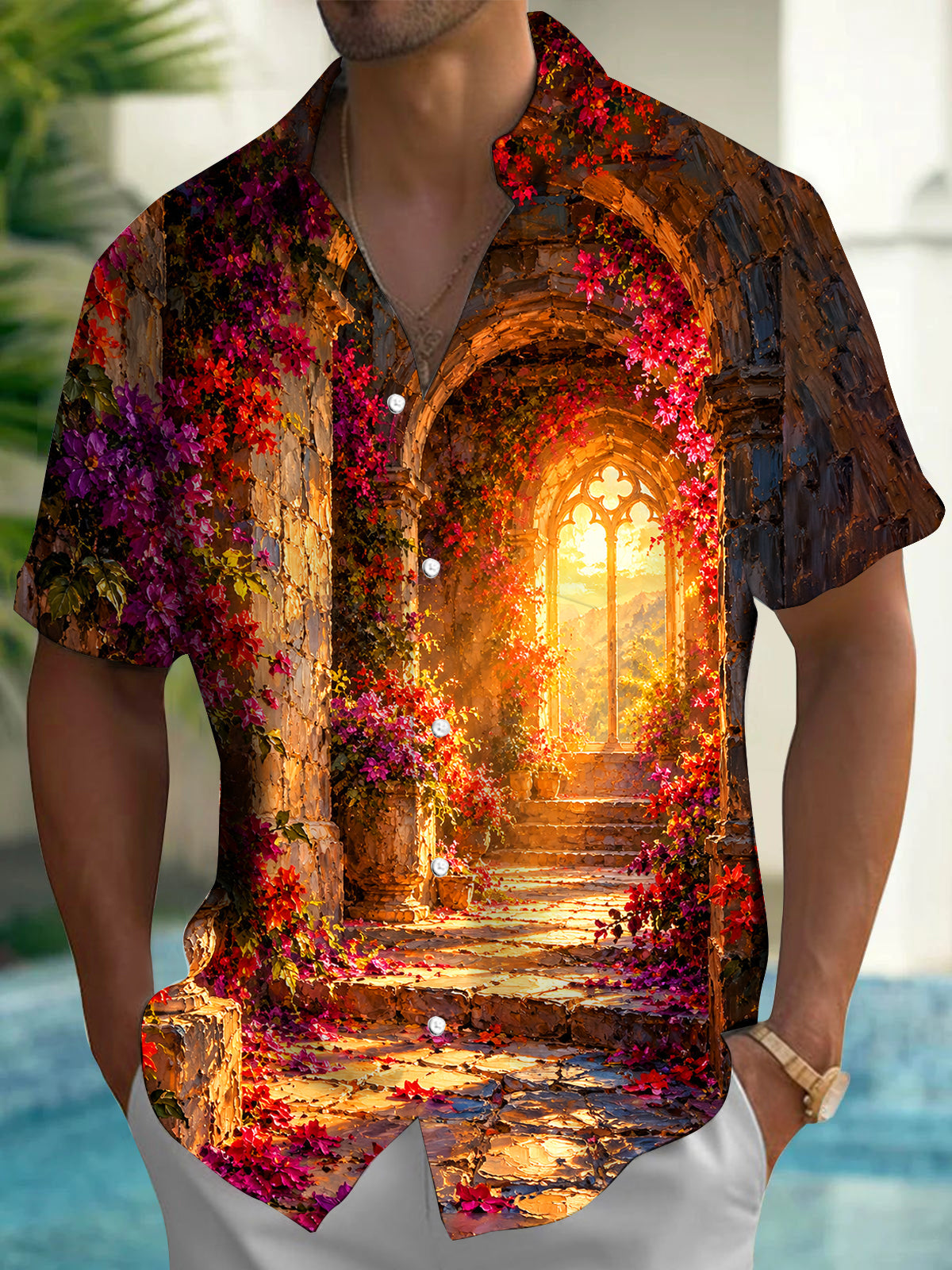Adaychic Men's Hawaiian Floral Archway And Stone Steps Print Short Sleeve Shirt with Chest Pocket