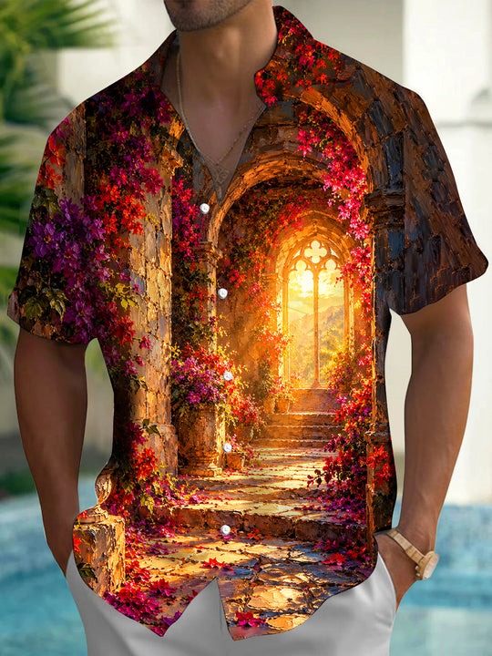 Adaychic Men's Hawaiian Floral Archway And Stone Steps Print Short Sleeve Shirt with Chest Pocket