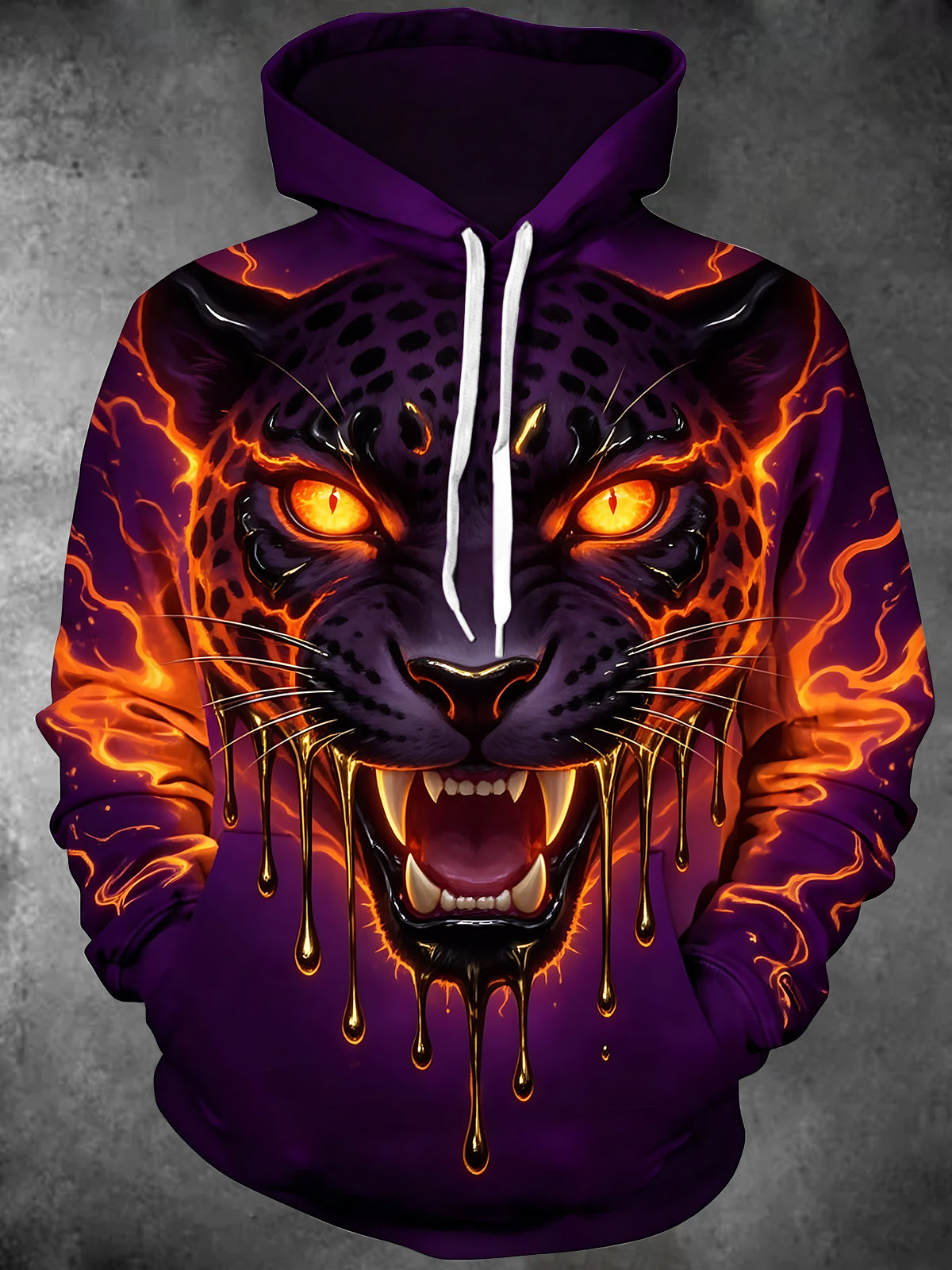 Adaychic Men's Long Sleeve Hoodie - Lava Panther Face With Dripping Melted Effect Print