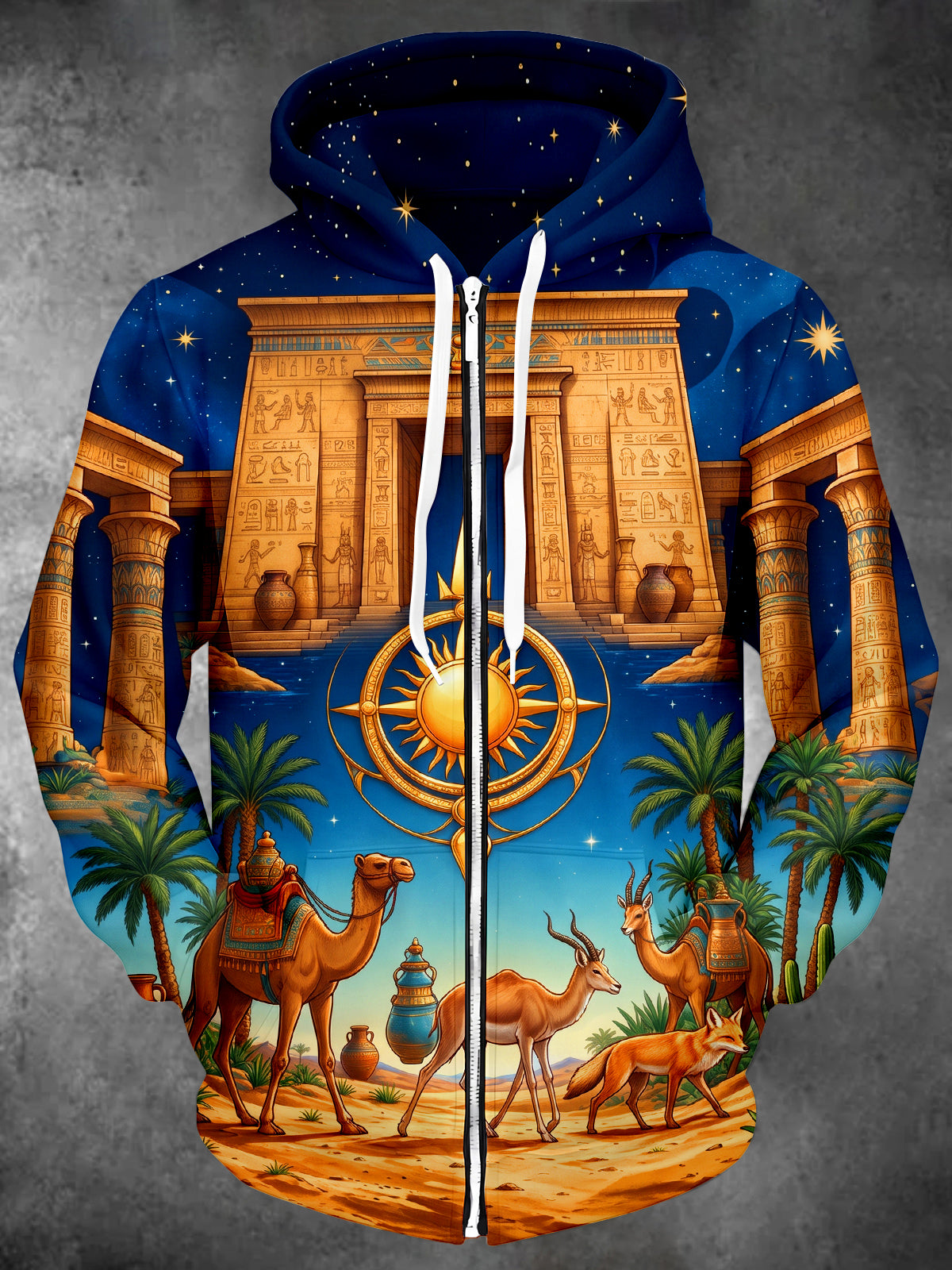 Adaychic Men's Long Sleeve Zip-Up Hoodie - Ancient Egyptian Temple And Desert Animals Print with Kangaroo Pocket