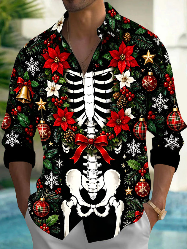 Adaychic Men's Skeleton Torso And Christmas Ornaments Print Long Sleeve Shirt with Chest Pocket