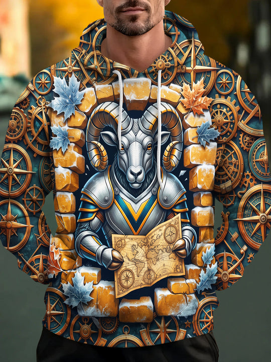 Adaychic Men's Graphic Armored Ram With Nautical Map Print Long Sleeve Hoodie