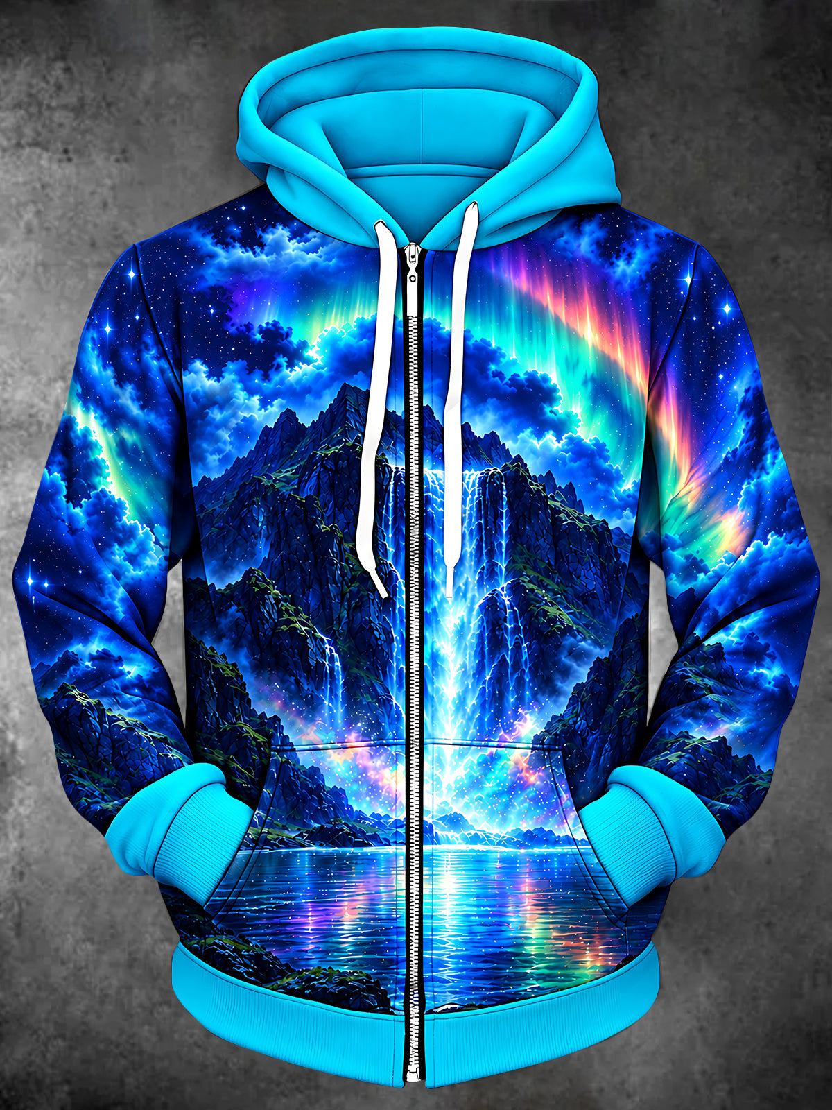 Adaychic Men's Long Sleeve Zip-Up Hoodie - Aurora Borealis And Mountain Waterfall Landscape Print