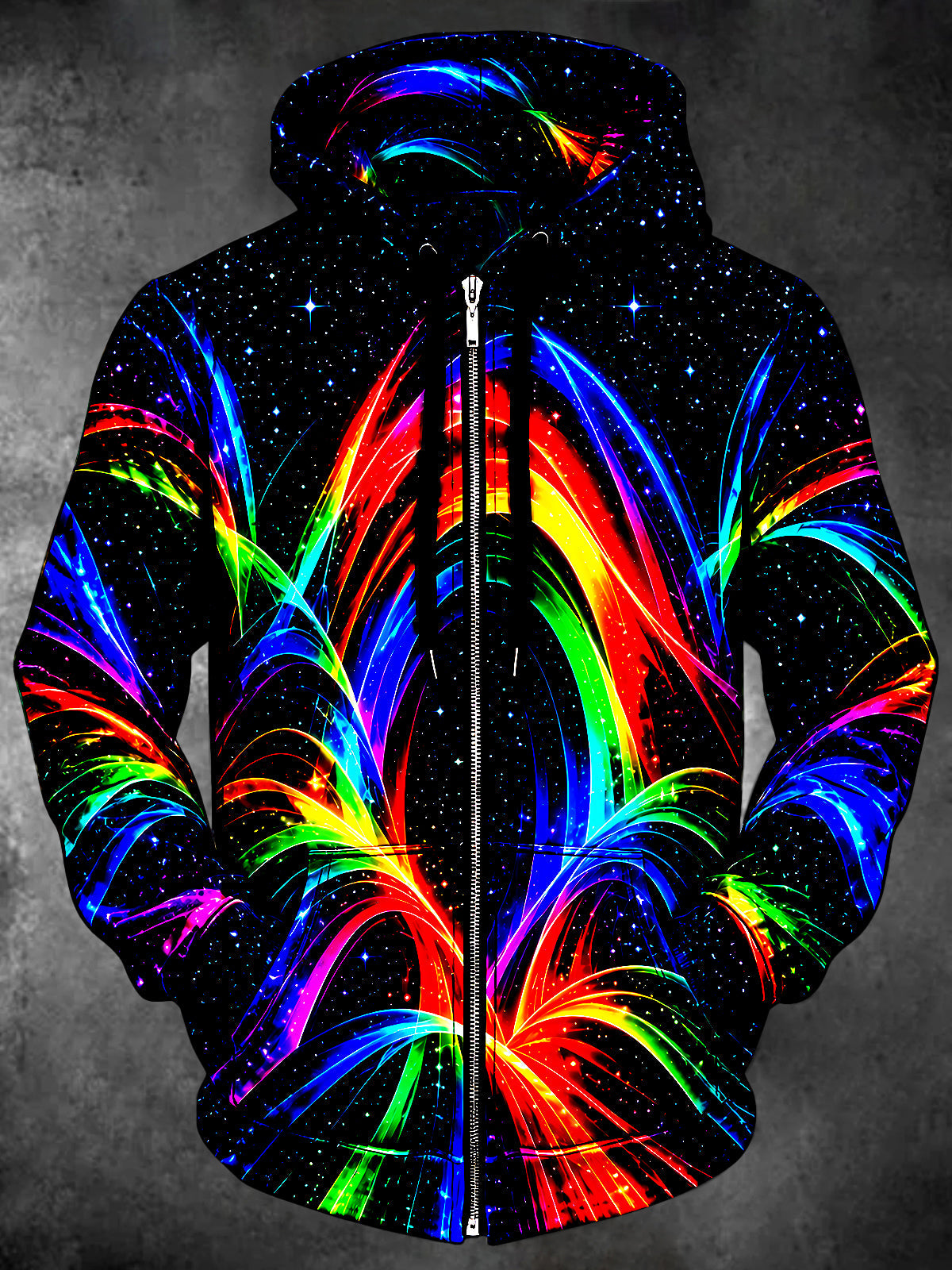 Adaychic Men's Long Sleeve Zip-Up Hoodie - Neon Abstract Light Streaks And Starry Background Print with Kangaroo Pocket