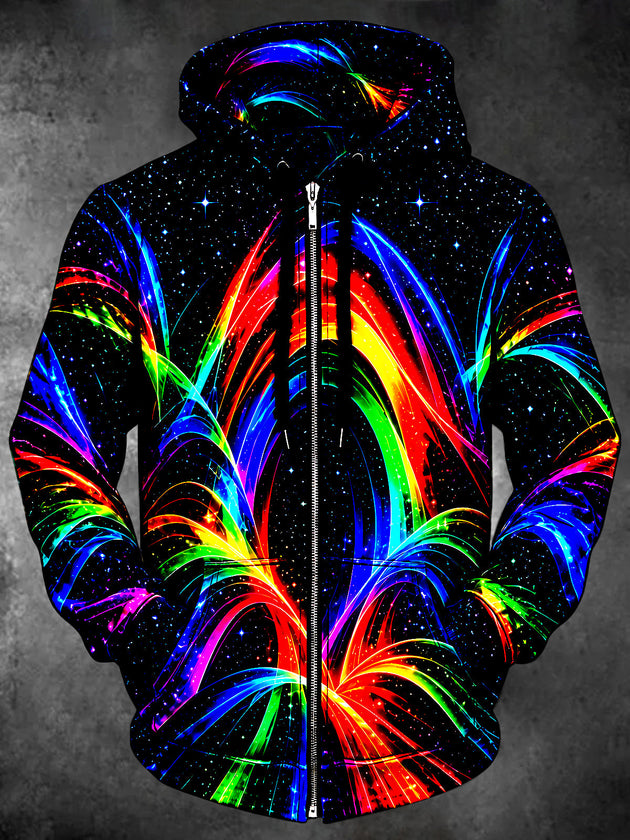 Adaychic Men's Long Sleeve Zip-Up Hoodie - Neon Abstract Light Streaks And Starry Background Print with Kangaroo Pocket