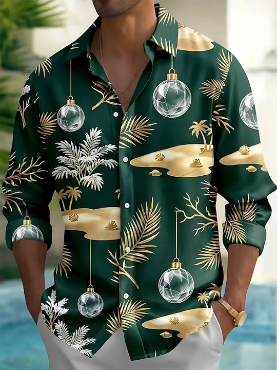 Adaychic Men's Christmas Ornaments And Tropical Beach Print Long Sleeve Shirt with Chest Pocket