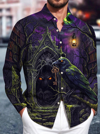 Adaychic Men's Graphic Gothic Castle Raven Secret Key Print Long Sleeve Shirt with Chest Pocket