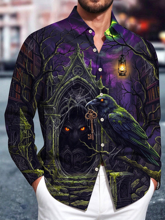 Adaychic Men's Graphic Gothic Castle Raven Secret Key Print Long Sleeve Shirt with Chest Pocket