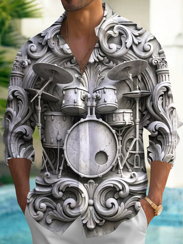 Adaychic Men's Stone Carving Drum Set Print Long Sleeve Shirt with Chest Pocket