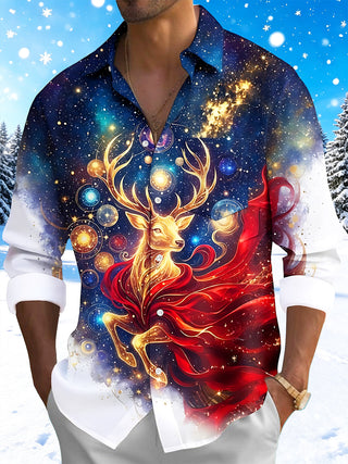 Adaychic Men's Golden Deer With Cosmic Background Print Long Sleeve Shirt with Chest Pocket