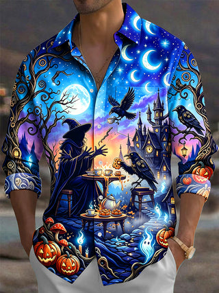 Adaychic Men's Halloween Witch And Raven Tea Party Print Long Sleeve Shirt with Chest Pocket
