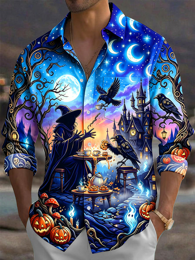 Adaychic Men's Halloween Witch And Raven Tea Party Print Long Sleeve Shirt with Chest Pocket