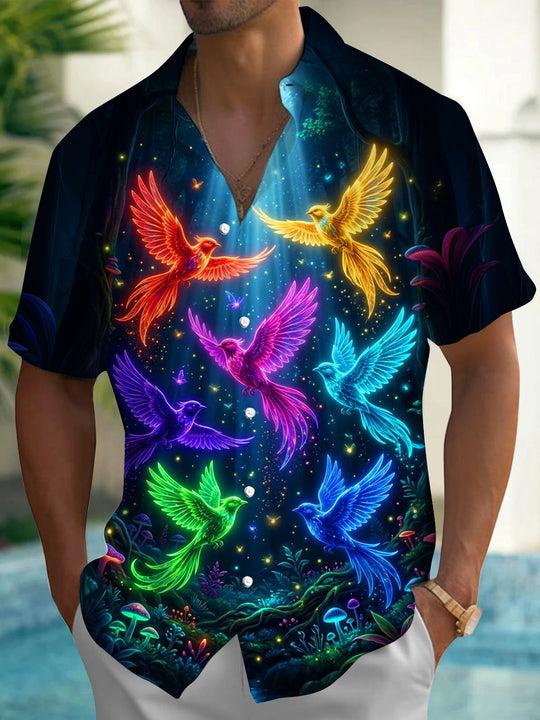 Adaychic Men's Hawaiian Neon Colorful Birds Print Short Sleeve Shirt with Chest Pocket