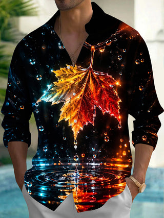 Adaychic Men's Printed Maple Leaf And Water Droplets Print Long Sleeve Shirt with Chest Pocket