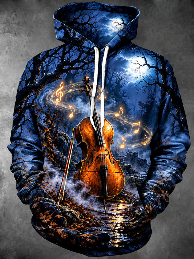 Adaychic Men's Graphic Violin And Musical Notes Print Long Sleeve Hoodie