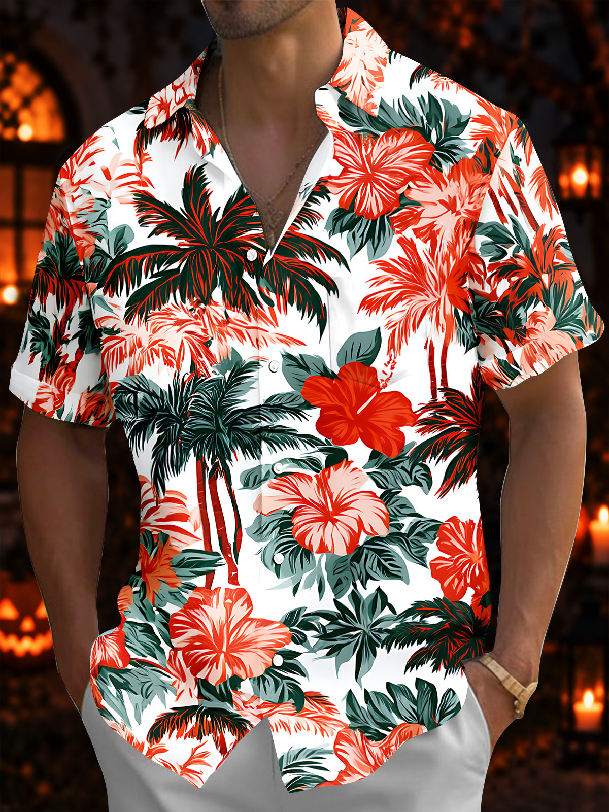 Adaychic Men's Palm Trees And Hibiscus Flowers Print Short Sleeve Shirt with Chest Pocket