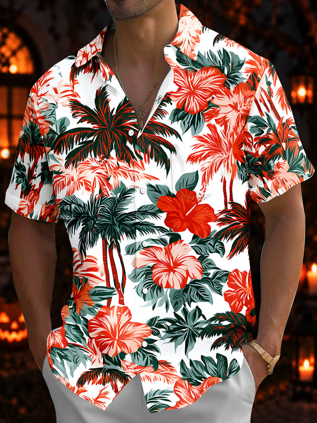Adaychic Men's Palm Trees And Hibiscus Flowers Print Short Sleeve Shirt with Chest Pocket