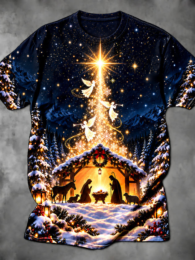 Adaychic Men's Short Sleeve Round Neck T-Shirt - Nativity Scene With Angels And Star Of Bethlehem Print